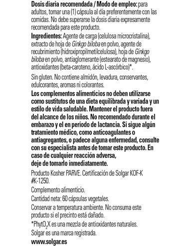 Ginkgo Biloba  60 cápsulas vegetales Solgar