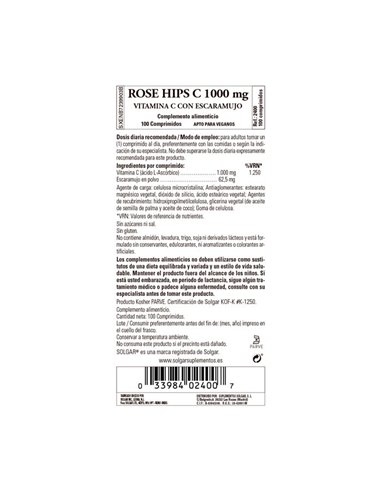 Vitamina C 1000 mg con Rose Hips  100 comprimidos Solgar