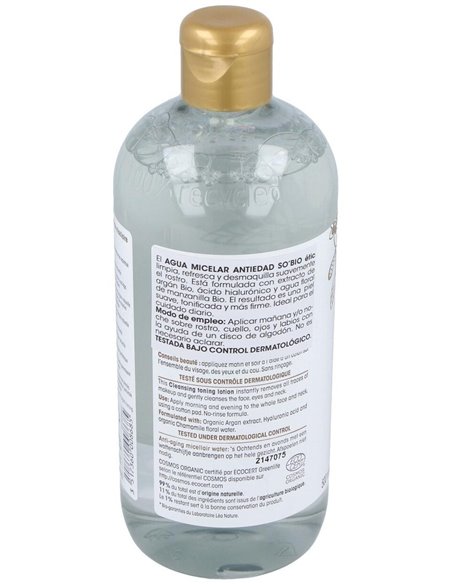 Agua Micelar Antiedad Hialuronico-Argan 500Ml. Bio de So´Bio Etic