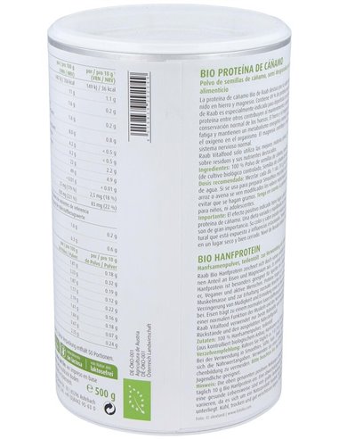 Proteína de cáñamo bio en polvo, 500g RF de Raab Vitalfood