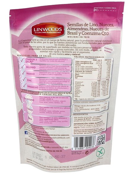 Semillas De Lino Con Nueces Almendras Q10 200Gr. de Linwoods