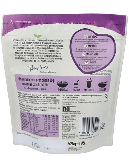 Semillas de Lino, Girasol, Calabaza, Chía y Bayas de Goji Molidas Bio 425 g de Linwoods