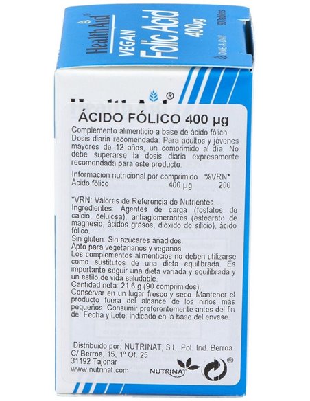 Acido Folico 90Comp. Health Aid de Health Aid