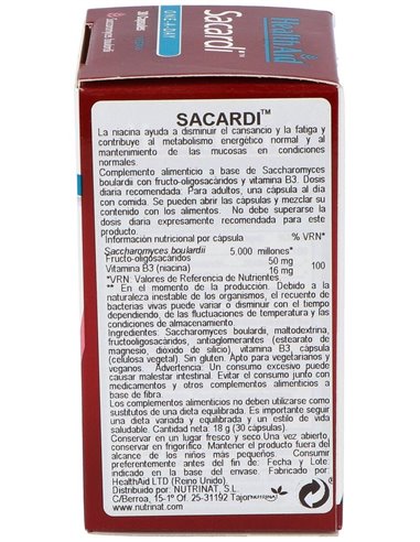 Sacardi (Saccharomyces Boulardii) 30Vcaps. de Health Aid