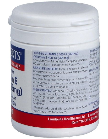 Vitamina E Natural 400 UI 60 Caps. de Lamberts