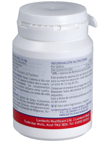 Zinc 15 mg (Como citrato) 90 Tabs. de Lamberts