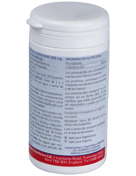 L-Ornitina HCl 500 mg 60 Caps. de Lamberts