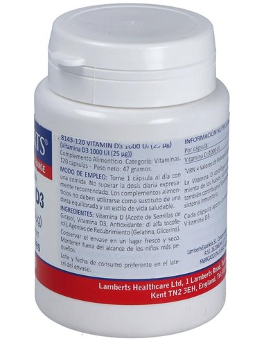 Vitamina D3 1000 UI (25 µg) 120 Caps. de Lamberts
