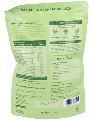 Semillas De Cañamo Sin Cascara 250Gr. Bio de Iswari