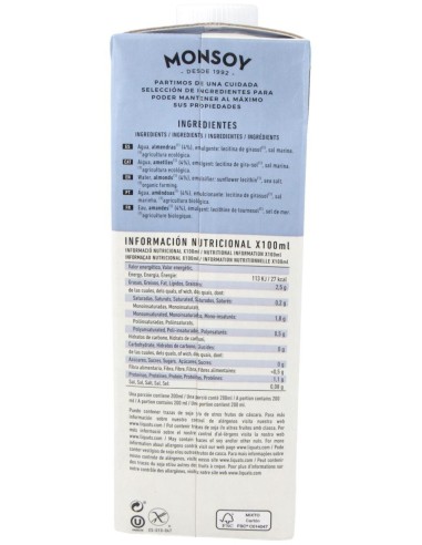 Bebida Vegetal De Almendras 1Lt 6Uds. Bio S/A de Monsoy
