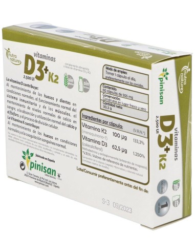Vitamina D3+K2  2500ui 60Cap. de Pinisan