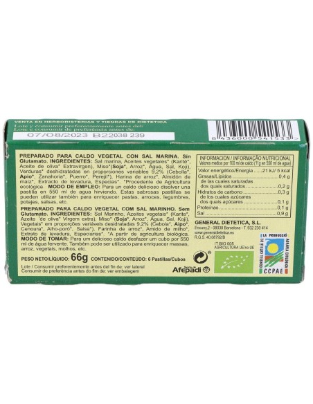 Caldo Vegetal Eco Con Sal Marina Natural 6Pastilla de Integralia