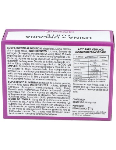 Lisina + Uncaria Forte 60Cap. de Integralia