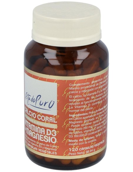 Calcio Coral+Vit D3+Mg 120Cap. Estado Puro de Tongil