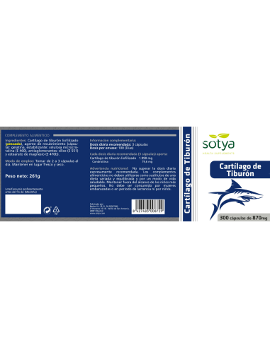 Cartílago de Tiburón 870mg 300 Cápsulas Sotya - Salud Articular