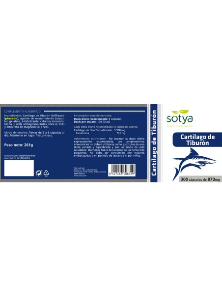 Cartílago de Tiburón 870mg 300 Cápsulas Sotya - Salud Articular
