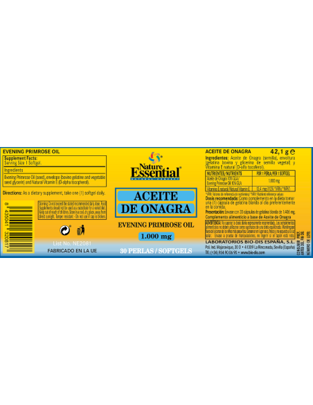Óleo de onagra 1000 mg. (10% GLA + 5 mg. Vitamina E) 30 pérolas Nature Essential