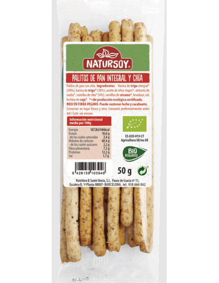 Palitos de trigo integral y chía 50 g Natursoy