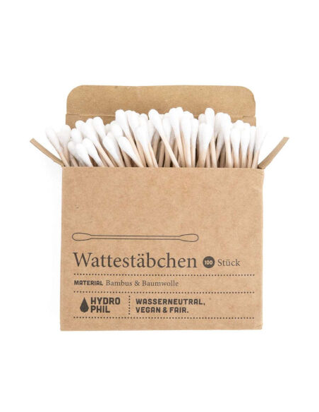 Bastoncillos de oido de bambú y algodón ecológico, 100ud de Hydrophil