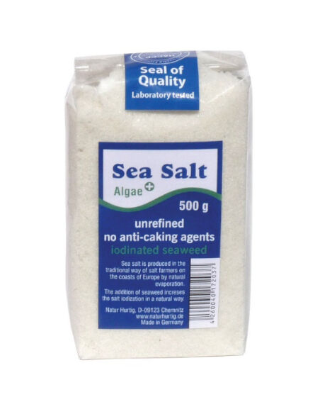 Sal marina natural fina, con algas marinas ricas en yodo, 500g de Natur Hurtig